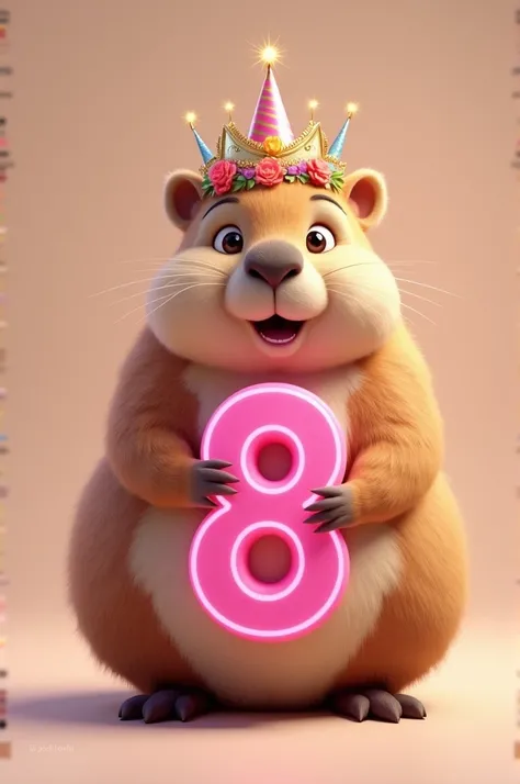 Create capybara with a Happy Birthday crown and holding in your hands the hot pink number 8. 