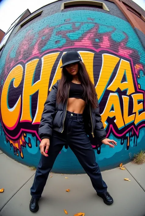  A gratiffi showing the elements of hip hop that mainly says the name Chava Ale, The image must be like a panoramic photo ,  The image must be rectangular . The graffiti must be seen from the front .   In front of the graffiti there must be a very rapper w...