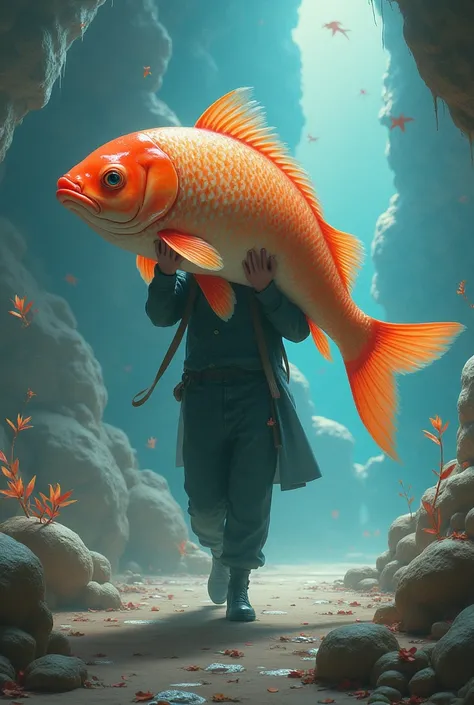 A person who carries a fish and is in an unreal space