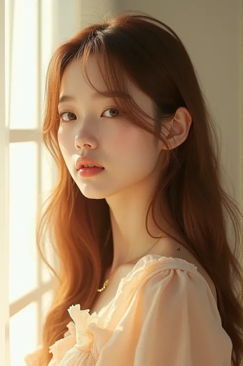 "Jennie blackpink.  A young woman with long, straight hair ,  in a light brown shade with golden reflections,  is in an environment illuminated by soft light .  She wears a light pastel fabric blouse , with ruffled details on the shoulders . Your gaze is s...