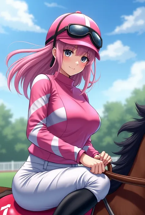  angle from butt , real illustration ,whole body, enjoy horse racing ,Lean forward and run on a race horse,21-year-old Japanese female jockey,japanese,Korean style beauty,Transparency, white skin,Gray Eyes,cute,Idol,Idol, Portraits,Model, long hair,bangs, ...