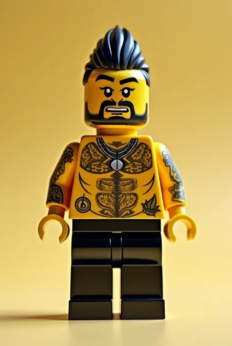 Make a lego with Anuels face, He must have yellow skin and have a fringe like Anuel AA. Make him grillz, It must have the fringe of French Crop. Do tattoos and beard on his face (Estilo LEGO), It must have the French Crop