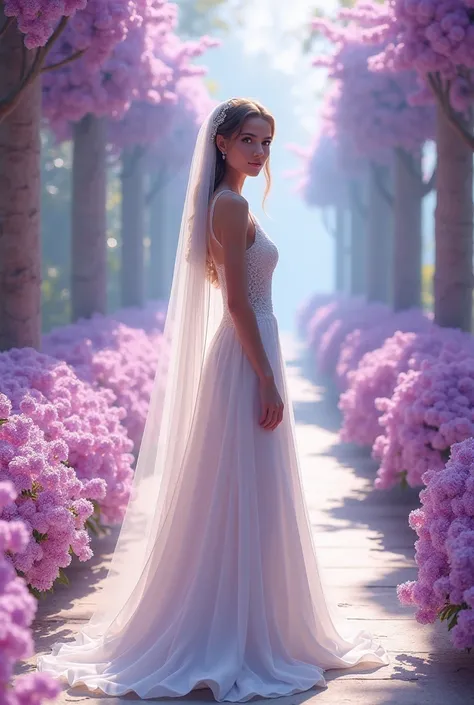 Create a 3D illusion for a profile picture where a bride in a wedding dress standing casually on a aisle , so many purple flower at the side, she look at the camera. the feature is “VENARYA” at the necklace.