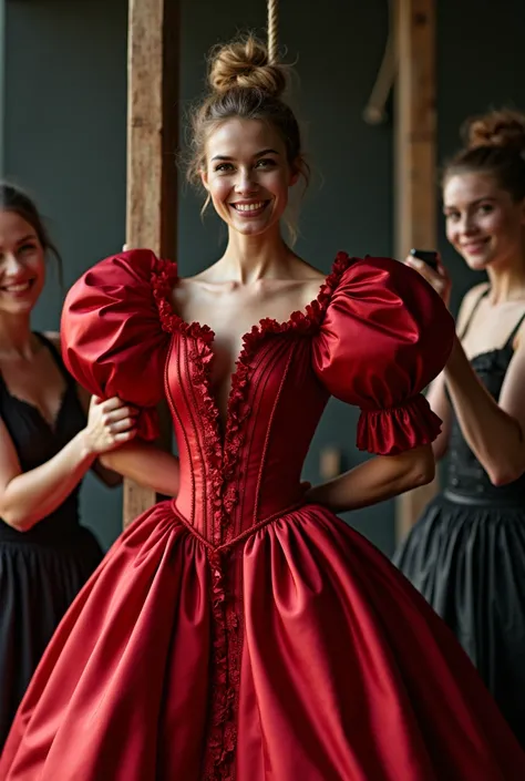 (realistic photograph close up sideways), (a pleased beautiful Caucasian lady with (messy hair bun), she is wearing (an elaborate shiny red silk gown with (long gigantic pouf sleeves), (and with an ultra high tight stand-up collar up to her cheeks) (with a...