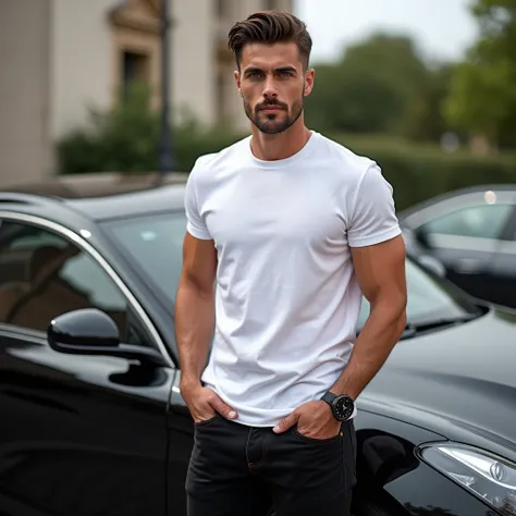 Fabio, blue eyes, brown hair, semi-wide , shaved on the sides. ATHLETIC BODY , Italian mustache ,  age 31 years old .  wearing black jeans and white t-shirt and Romeo Lewis watch with black leather strap standing next to a black Ferrari