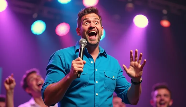 a singer in blue shirt comedy