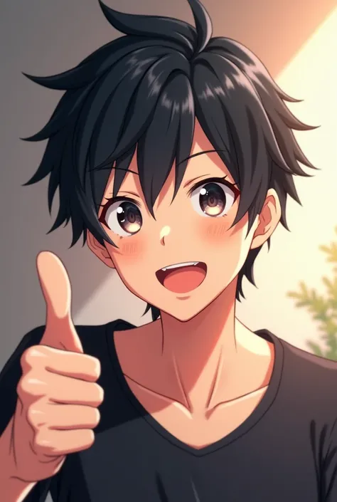  profile picture with anime character,  black hair,  singing smile, And giving male thumbs 

