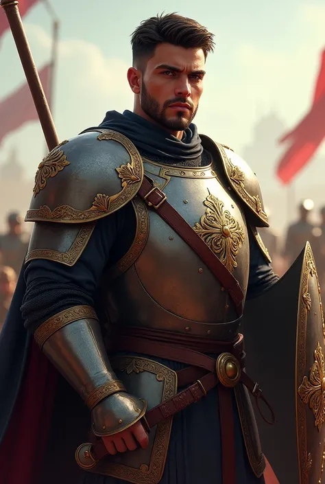 Shahrbāz is a young but determined and skilled commander, with a muscular build and an intense, focused expression. His short, dark hair is neatly styled, and his beard is kept trimmed. His armor is finely crafted, made of polished metal and leather, with ...