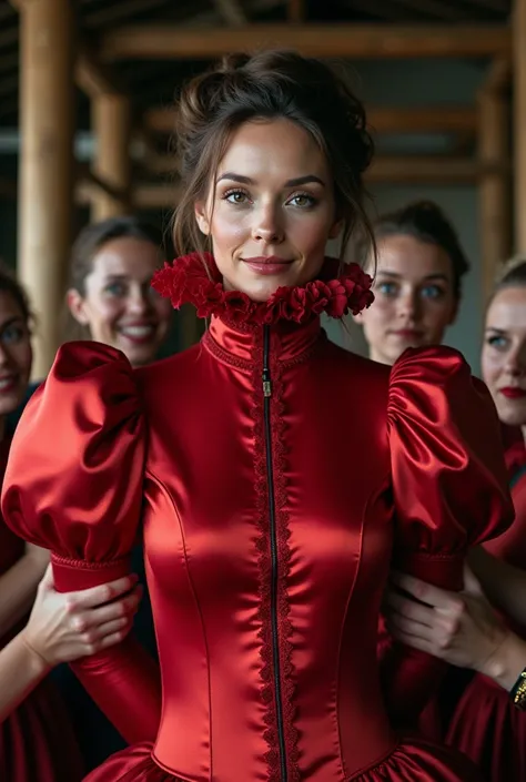 (realistic photograph close up sideways), (a pleased beautiful Caucasian lady with (messy hair bun), she is wearing (an elaborate shiny red silk gown with (long gigantic pouf sleeves), (and with an ultra high tight stand-up collar up to her cheeks) (with a...