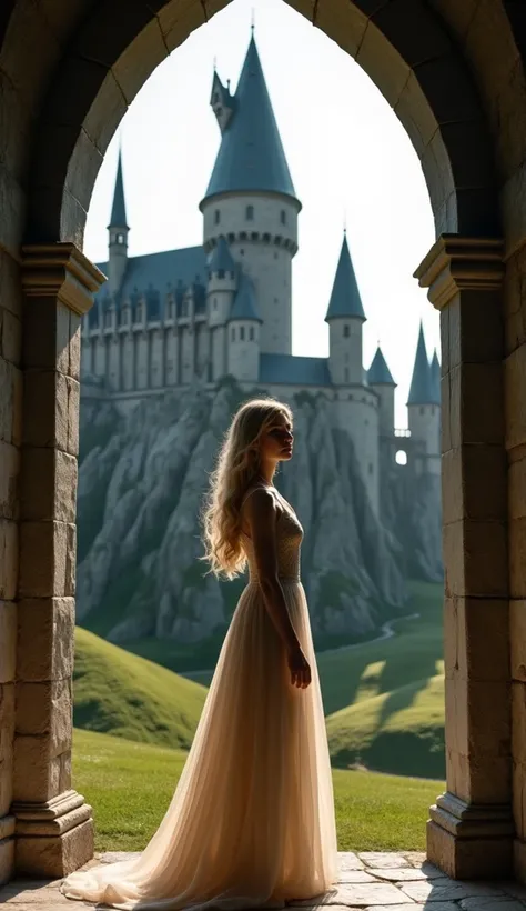 castle of Howarts (Harry potter). Realistic and cinematic shot. A beautiful blonde women is in a door of the castle. Panoramic view