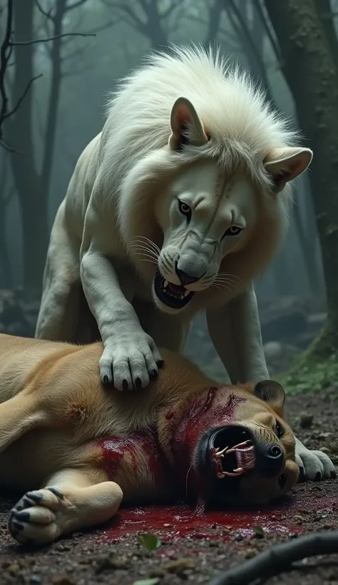 a dead german shepherd blood neck injury laying on the ground and a aggressive white lion open mouth is standing with one foot on top of the german shepherd. german shepherd face and neck was injured is blood breaking and standing  in the forest 