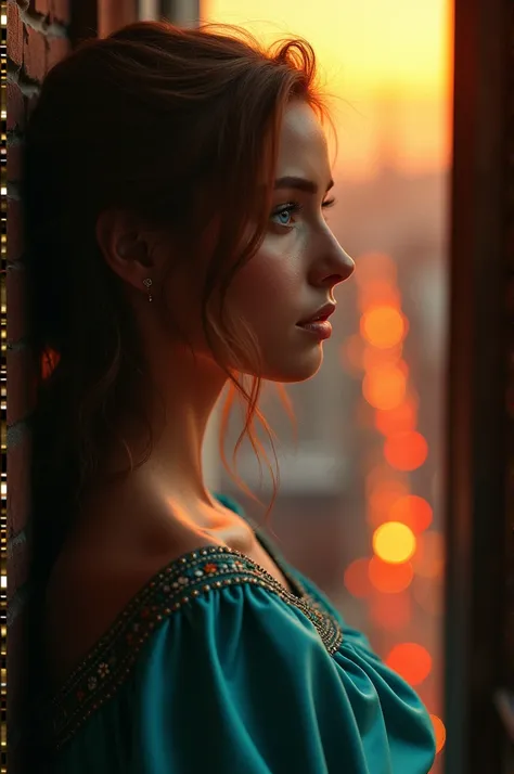  Surreal Gothic image with predominantly orange ,  colors in high definition 4k of a very beautiful woman with beautiful and big blue eyes who is in profile looking out onto the street from her balcony.  Impressive artistic details .  She wears a turquoise...