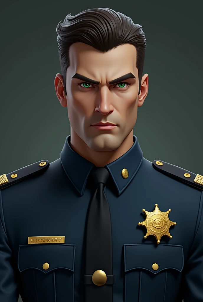 The image features a corrupt police officer, exuding an air of deceit and cunning. He has sharp, angular facial features, with a cool, unbothered expression that hides any sign of worry or fatigue. His short, neatly styled dark brown hair contrasts with hi...