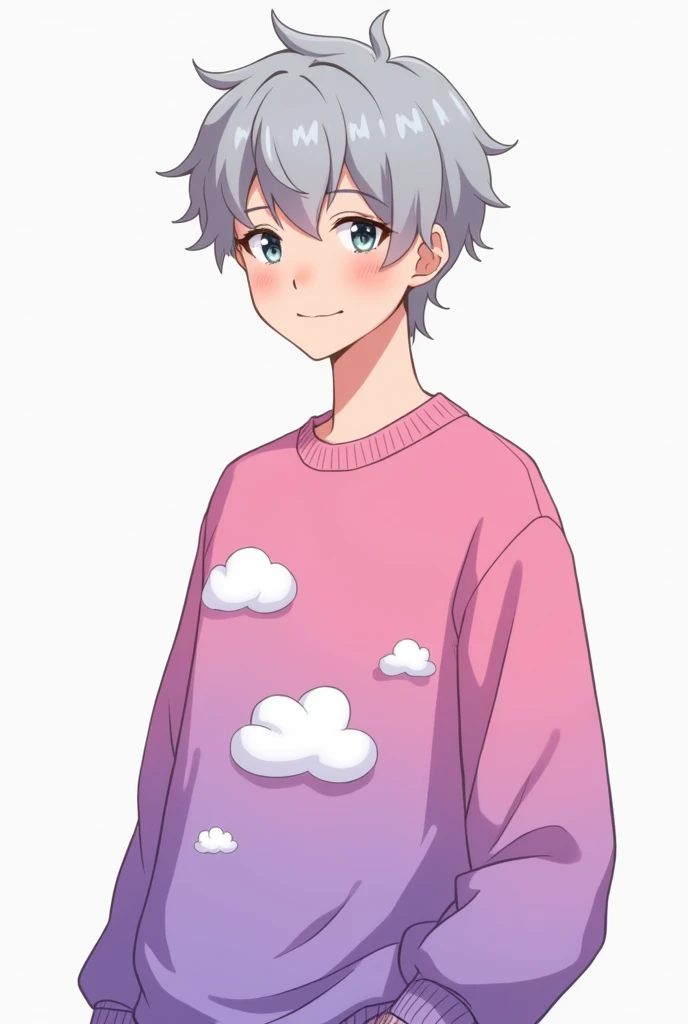 Carton design male character light gray hair with light eyes pink and purple sweatshirt with clouds white background half body