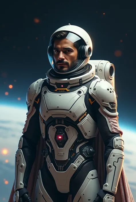 A man wearing a spacesuit and wearing a Prince Retaj jacket over his shoulder