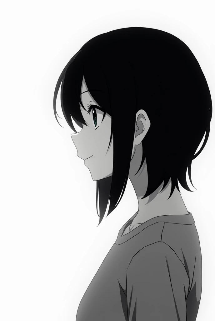  profile picture with anime character,  black hair, smile , black and white background 

