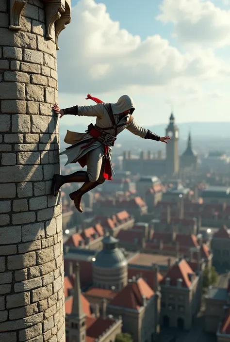 Create a photo of a video game set in Europe like Assassins Creed where the character appears and a landscape and is climbing on top of the Tower of London 