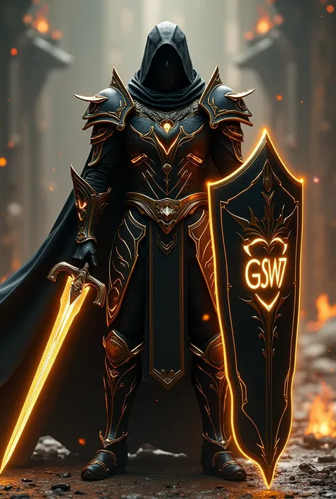 Unreal Engine, a paladin ninja with full armor ,  he wears a black knights armor with shiny gold neon light and a black cape ,  he is holding a sacred sword with glowing neon gold light in his right hand ,  holding a sacred shield with an emblem written GS...