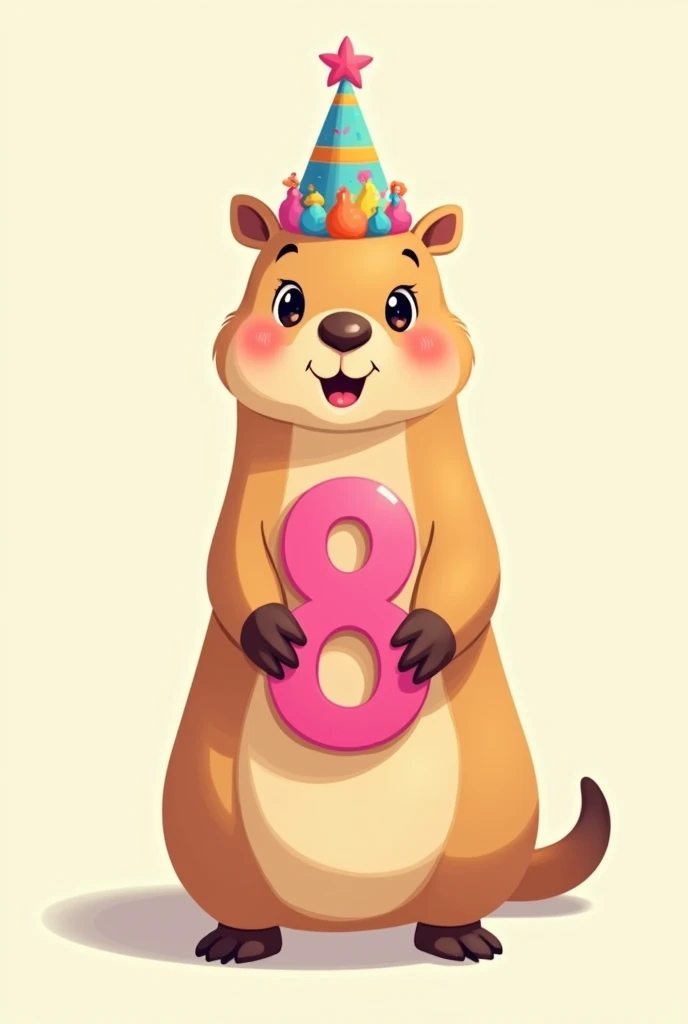 Create a slender capybara with a Happy Birthday crown and holding in your hands the hot pink number 8. 