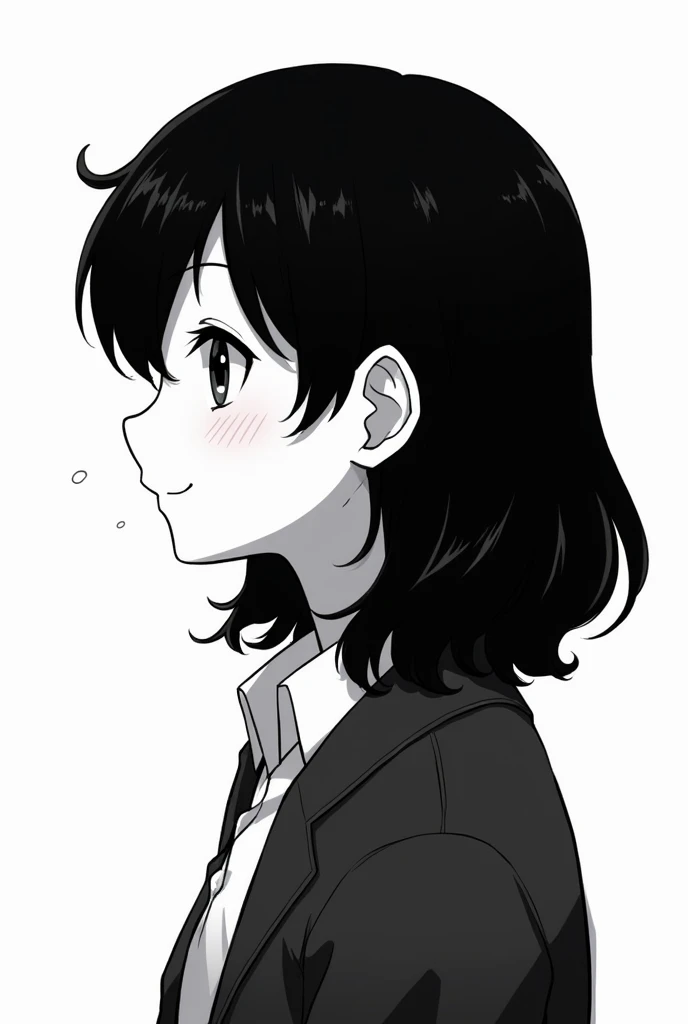  profile picture with anime character,  black hair, smile , black and white background 

