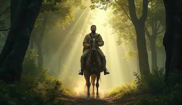 Image Prompt in English:
"A striking scene showing Emperor Akbar alone on his horse, far ahead of his entourage. The forest around him is dense and mysterious, with dappled sunlight filtering through the trees. His face reflects a mix of determination and ...