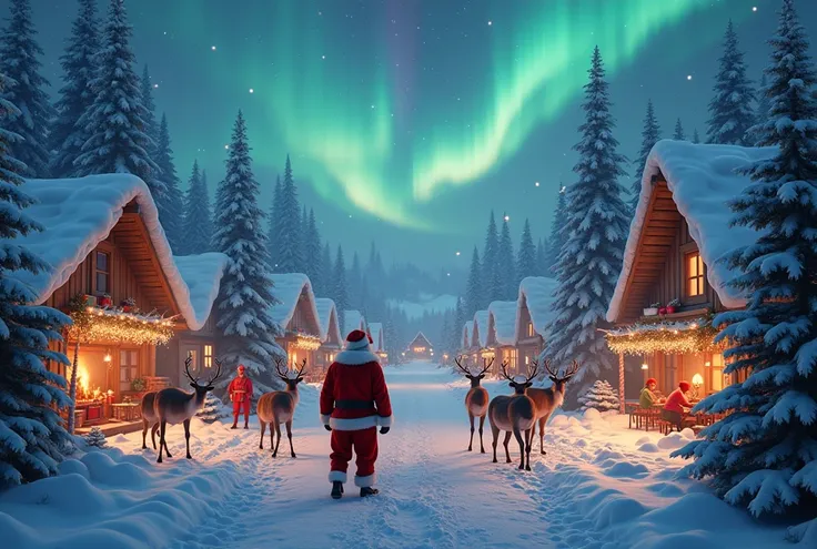 a magical winter wonderland, santa claus, snow covered village, northern lights, christmas trees, cozy log cabins, reindeer, toy workshop, elves, presents, seasonal decorations, warm firelight, (best quality,4k,8k,highres,masterpiece:1.2),ultra-detailed,(r...