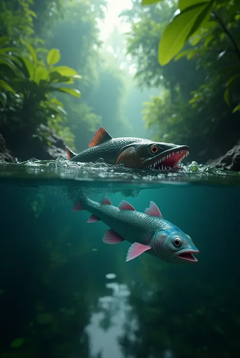 Ultra-realistic image 9 : 16 of a piranha and an electric fish in the deep river