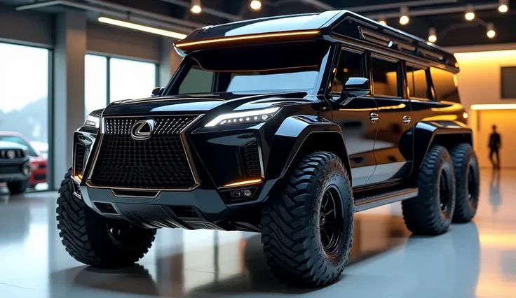 "A luxurious off-road 6x6 camper vehicle with a bold front view, featuring a sleek, black body and a modern Lexus-inspired grille. The front showcases sharp LED headlights, a rugged bumper, and high-clearance off-road tires. The design is futuristic yet pr...