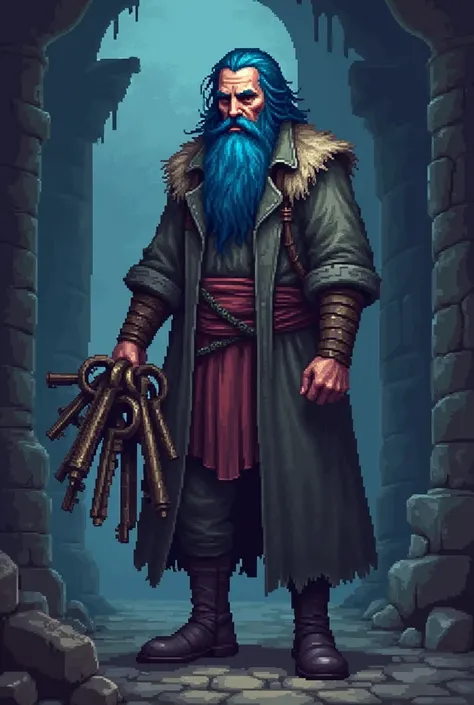 Long haired man with blue beard holding a bunch of keys retro dark fantasy style pixelart