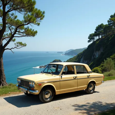 Datsun 510 sedan from 1970 stands in beige color on a gravel side by a beautiful cliff, below, a beautiful landscape , The coast of the sea,  green trees, rocky protrusion 