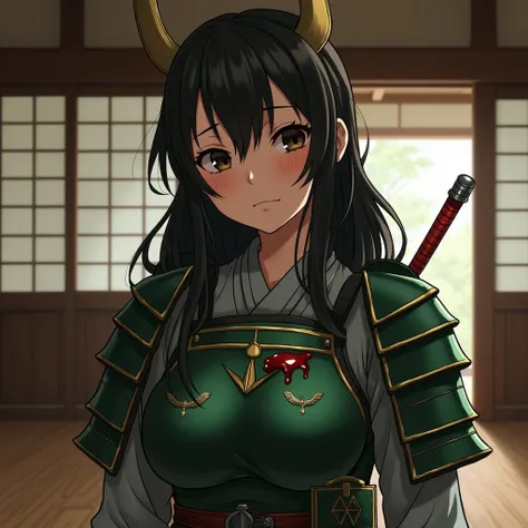 (nsfw) 
Female samurai removing blood cover green armor with large breasts, a sad but satisfied look on her face. in a Japanese house with paper doors and wood floors
