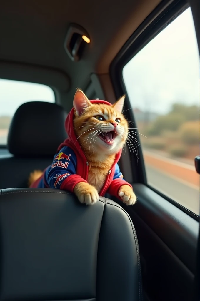 " Image of a cat as a passenger in the back window of a car .  The view must be front ,  showing the cat looking out from the vehicle .  The cat has a curious and fun expression ,  with its little legs on the edge of the window .  The interior of the car m...