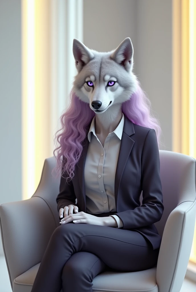 Humanoid female wolf, lilac eyes, lilac wavy hair, business suit, sitting on a luxury chair, in a white room with light yellow, realistic, animal, Gray and white coat 