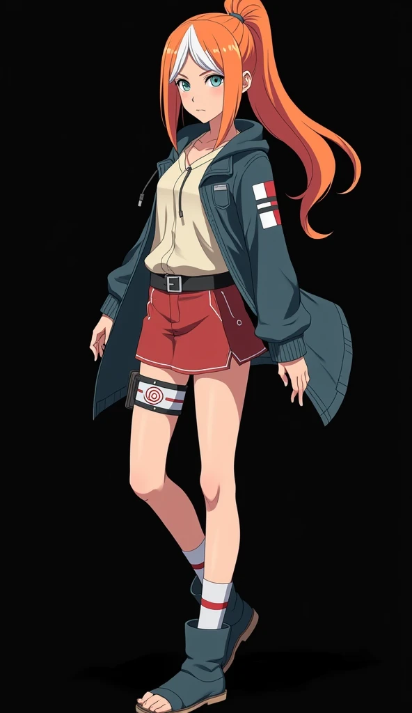 Character created by Masashi Kishimoto 8K animation: girl with a slender and beautiful appearance, light skin, full body, fire-colored orange hair and very smooth with two white locks highlighted on the front, similar to those of Rogue from the X-Men, hair...