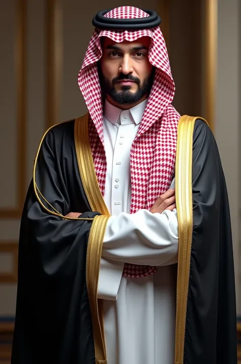 "A man dressed in traditional Saudi Arabian attire, including a white thobe, black bisht with golden trim, and a red-and-white checkered shemagh (ghutrah) on his head. The man has a confident and composed expression, standing in a formal setting. The light...