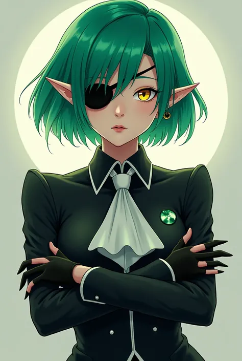 
Ao no exorcist style ; Women ,  short emerald hair , golden eyes  , Eye patch  ,  costar tie , gants ,  pointed nail  , arms crossed , small pointed ear. 