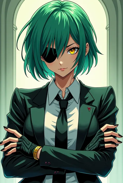 
shonen style ; Women ,  short emerald hair , golden eyes  , Eye patch  ,  costar tie , gants ,  pointed nail  , arms crossed , small pointed ear. 