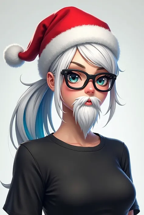  female Free Fire character :  white ponytail hair with blue highlights , with the Santa Claus hat ,  with black glasses on the eyes and a white beard,  plain black shirt without prints 