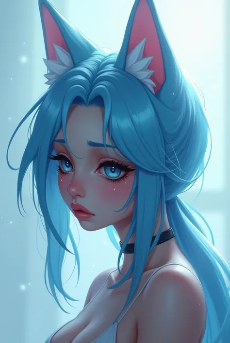 woman league of legends jinx cat ears sad face light background light blue hair