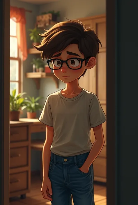 @Meta AI has created an image of a teenage boy with glasses and brown hair who looks shy and insecure high-waisted mom jeans secret clubhouse