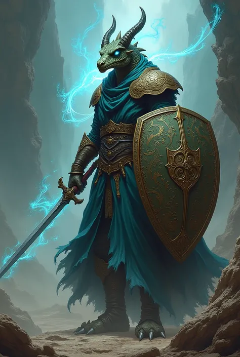 Wizard Dragonborn with shield and rapier and robe