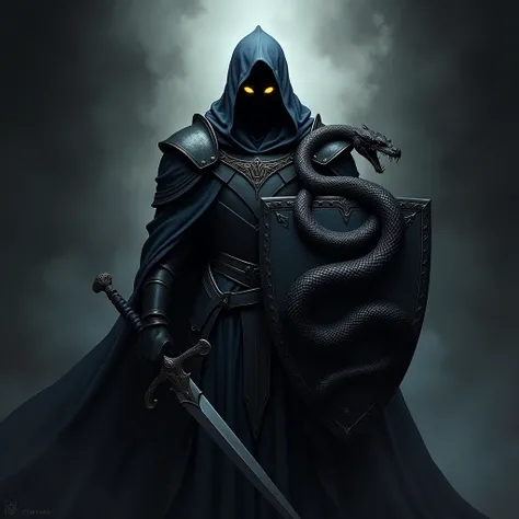  A symbol a black snake wrapping around a dagger on a shield,  an armor or weapon , plus a shadow knight . With a dangerous snake head. glowing eyes.  dark aura. 