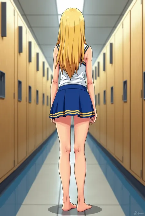 {Back view, anime style,semi realistic}{beautiful women,anatomically correct}{white,blue and yellow cheerleader uniform}{blue eyes, foxy eyes style}{blonde hair, long hair, straight hair}{agehao,big ass,on all for,sweat, barefoot }{school locker room,alone...