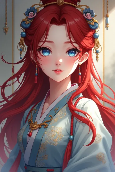 Woman with deep red hair, blue eyes and ancient Chinese clothing (anime)