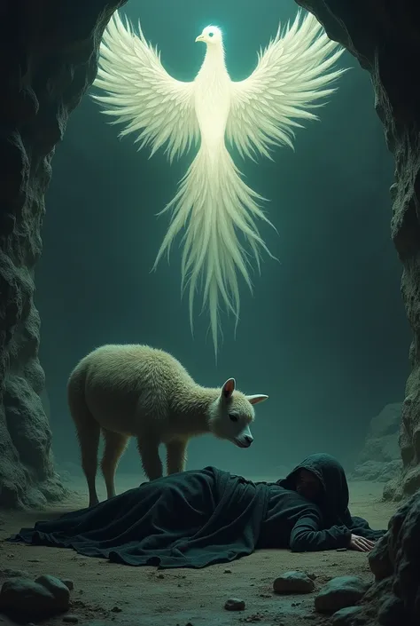 A dead lady wearing a hood is on the ground. An alpaca is tugging at her clothes. A giant Phoenix with holy light in the middle. Background is underground cavern.