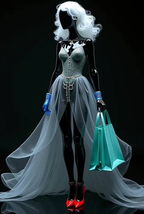  On the black glass floor and black background .  black mannequin .  Mannequin with shiny white ice hair and beautiful pose .  Make a gray dress with shimmering liquid glitter .  Blue French lace gloves . Beautiful jewelry .  Thin liquid butter stocking an...