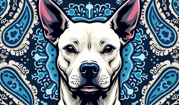 Pitbull head with white and blue paisley pattern. And also black ang blue paisley pattern in the background. with a word reckless in color gray in the center