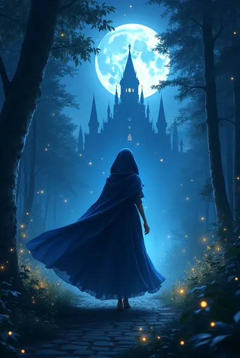 

"Create a magical night scene where Princess Ananya is seen sneaking out of the grand royal palace under the cover of darkness. She wears a flowing cloak over her royal gown, her face partially hidden by the hood, with determination and excitement in her...