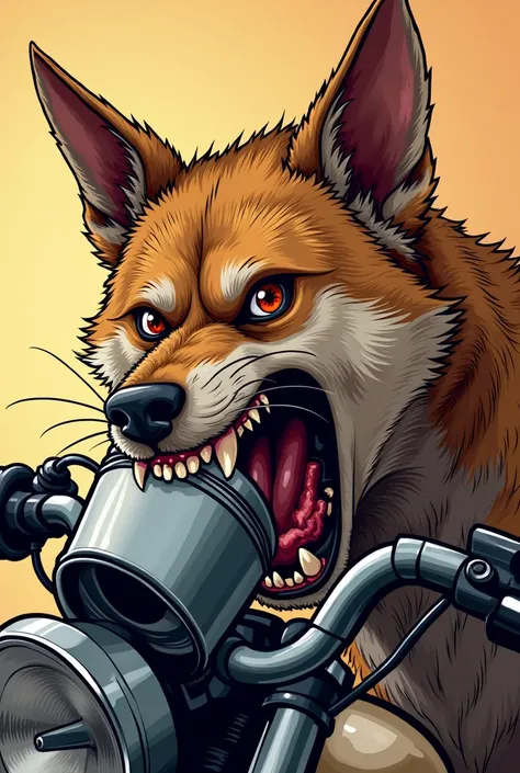 Draw the head of a rabid dog with pointy ears biting the piston of a motorcycle in cartoon style 