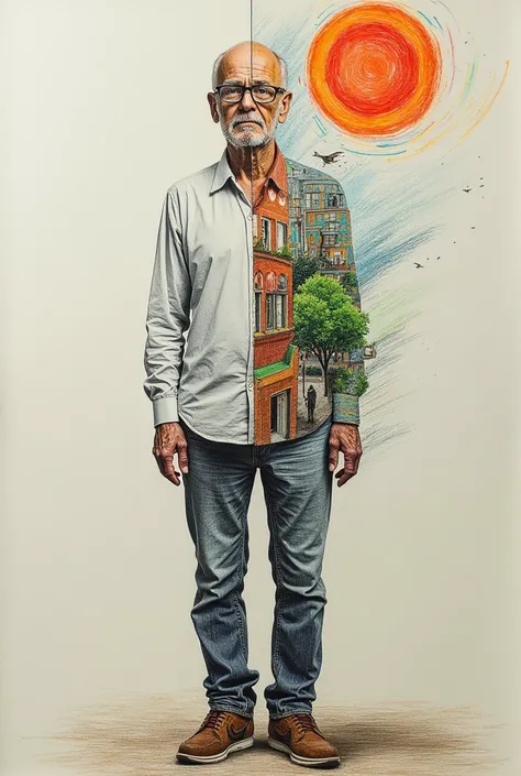  A person standing full length , , his body is divided vertically into two halves :
Left side: realistic,  as a photo, with detailed face,  with clothes and surroundings .
 right side :  are drawn with colored pencils ,  with light paper texture .  Here ca...